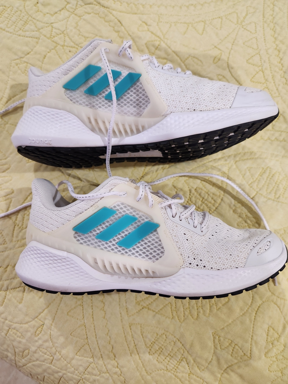 Adidas White Knit Running Shoes with Teal Three Stripes